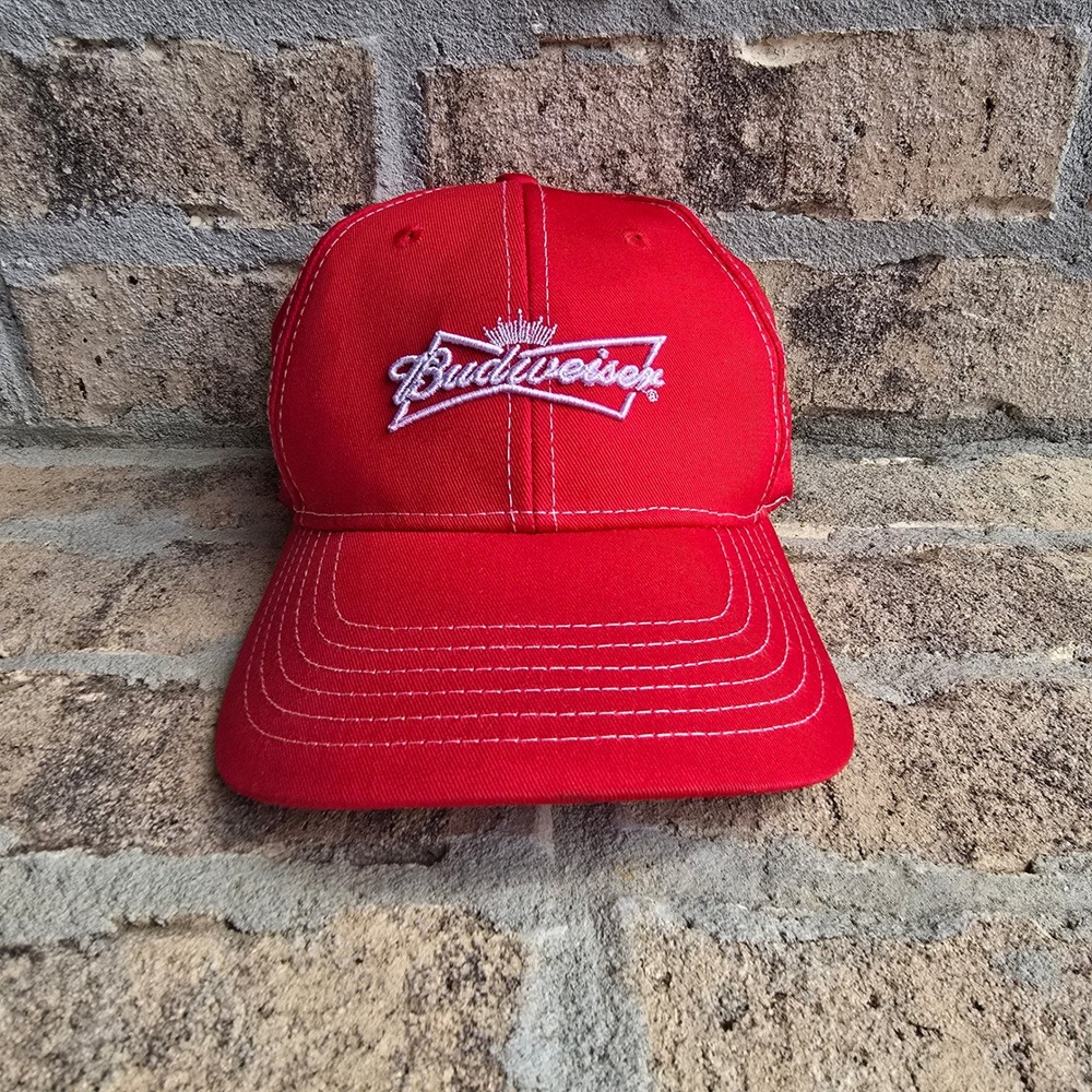 Budweiser Red Baseball Cap Hat White Contrast Stitch Embroidered Logo OSFA